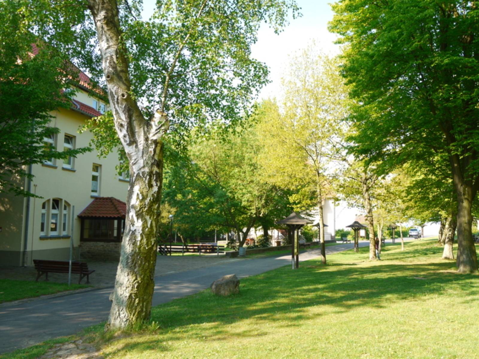 Gelbes Haus mit asphaltiertem Weg davor. Sowie Grünfläche mit Baumbestand.