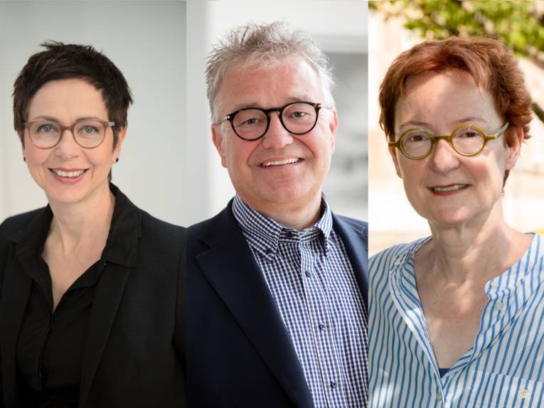 Portraitfotos zweier Frauen (links und rechts) und eines Mannes (Mitte)