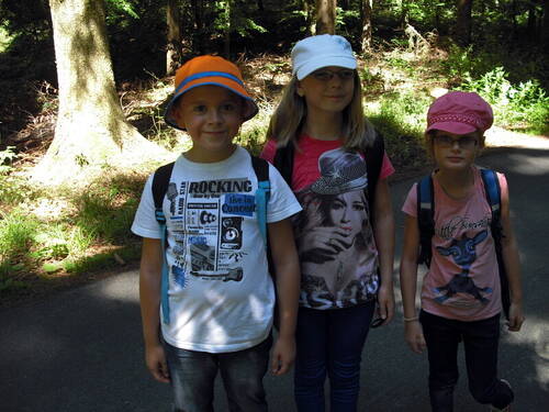 Ein Junge und zwei Mädchen auf einer Wanderung im Wald. Ein Junge und zwei Mädchen auf einer Wanderung im Wald.